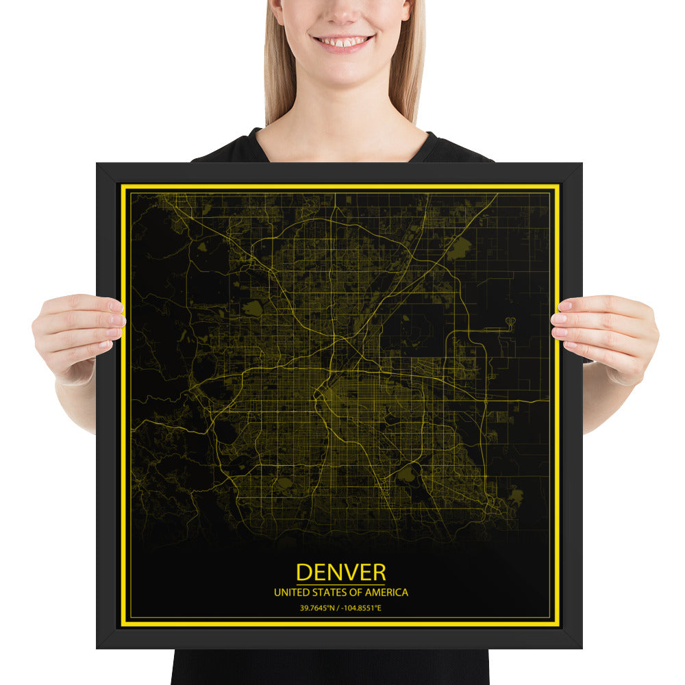 Denver Black and Yellow Framed Map