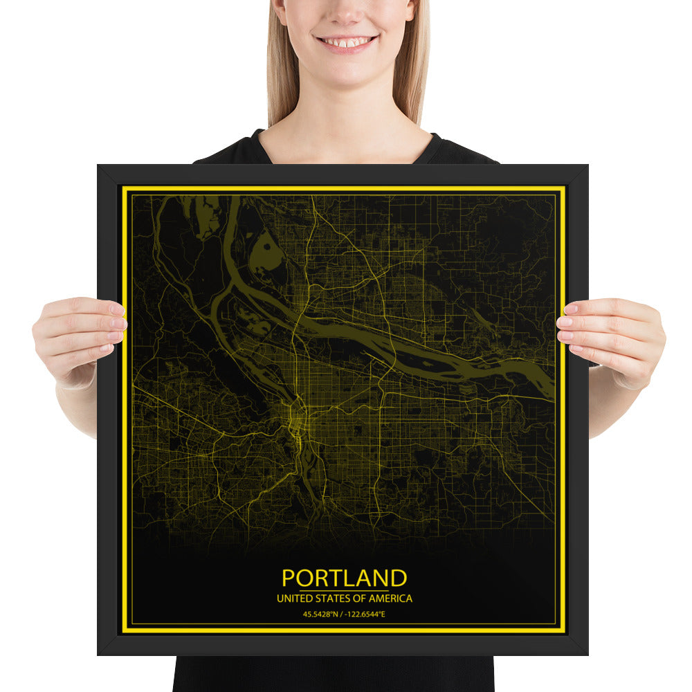 Portland Black and Yellow Framed Map