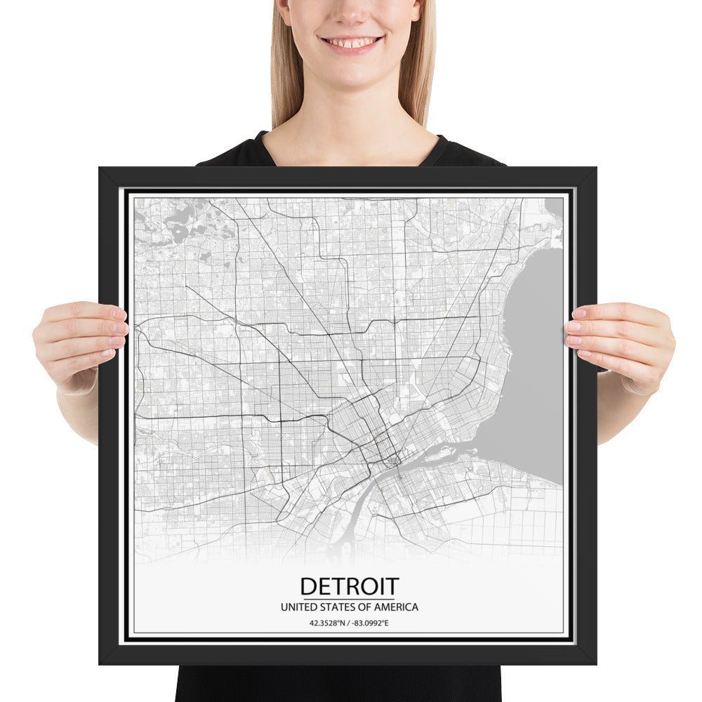 Detroit White Framed Map