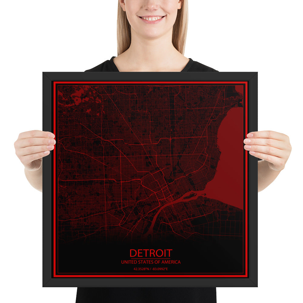 Detroit Black and Red Framed Map