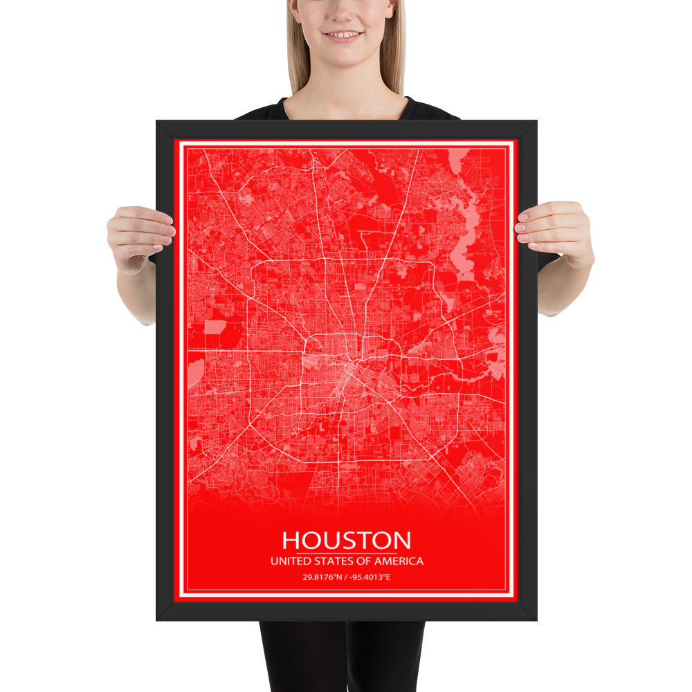 Houston Red and White Framed Map