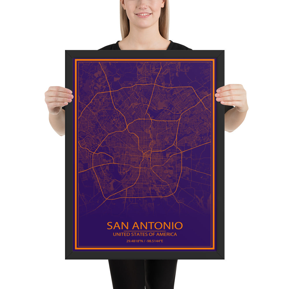 San Antonio Purple and Orange Framed Map