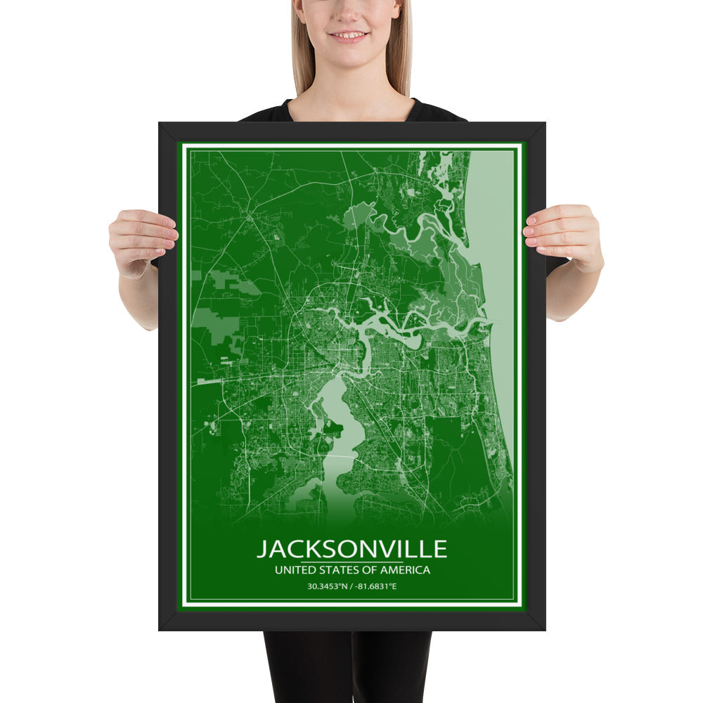 Jacksonville Green and White Framed Map