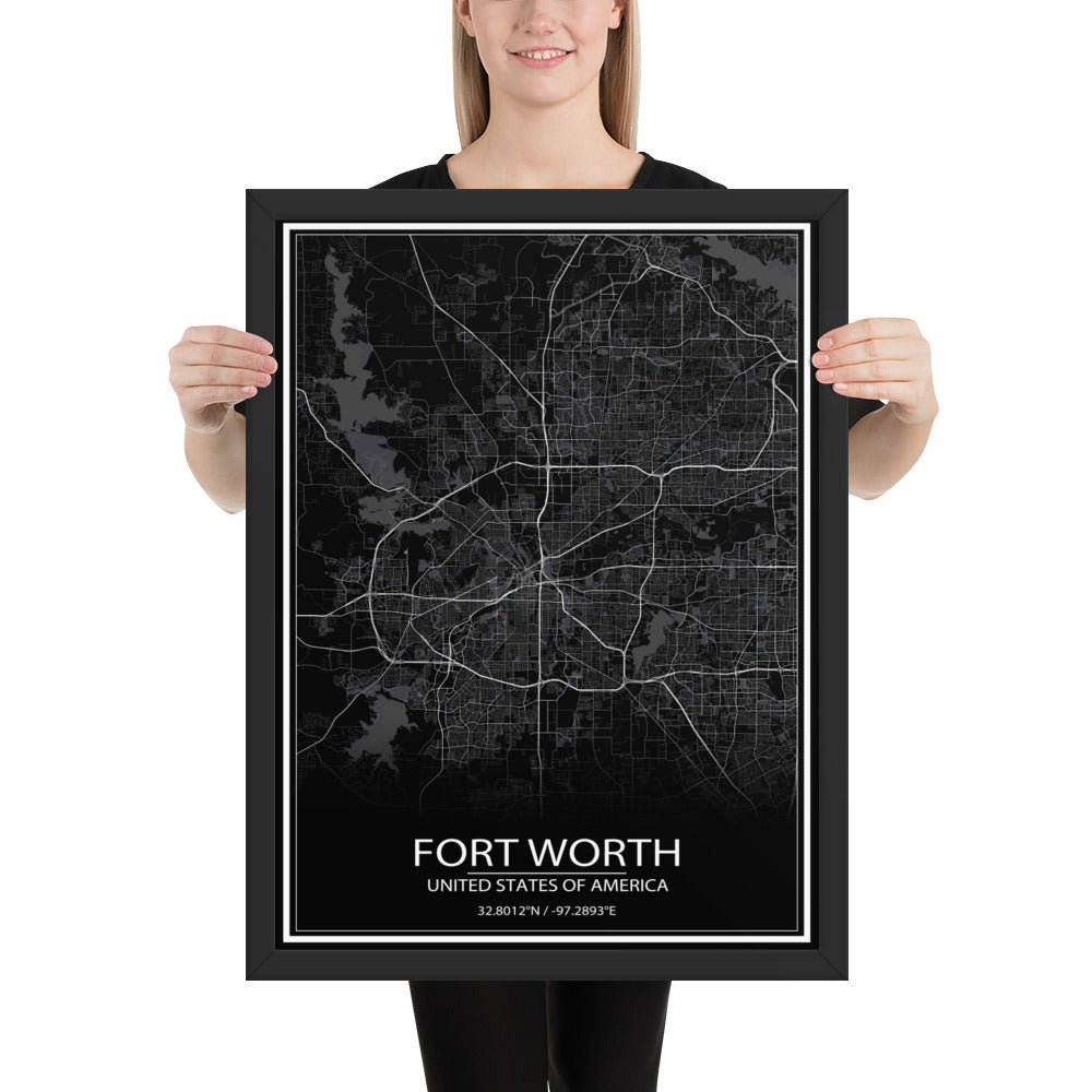 Fort Worth Black Framed Map