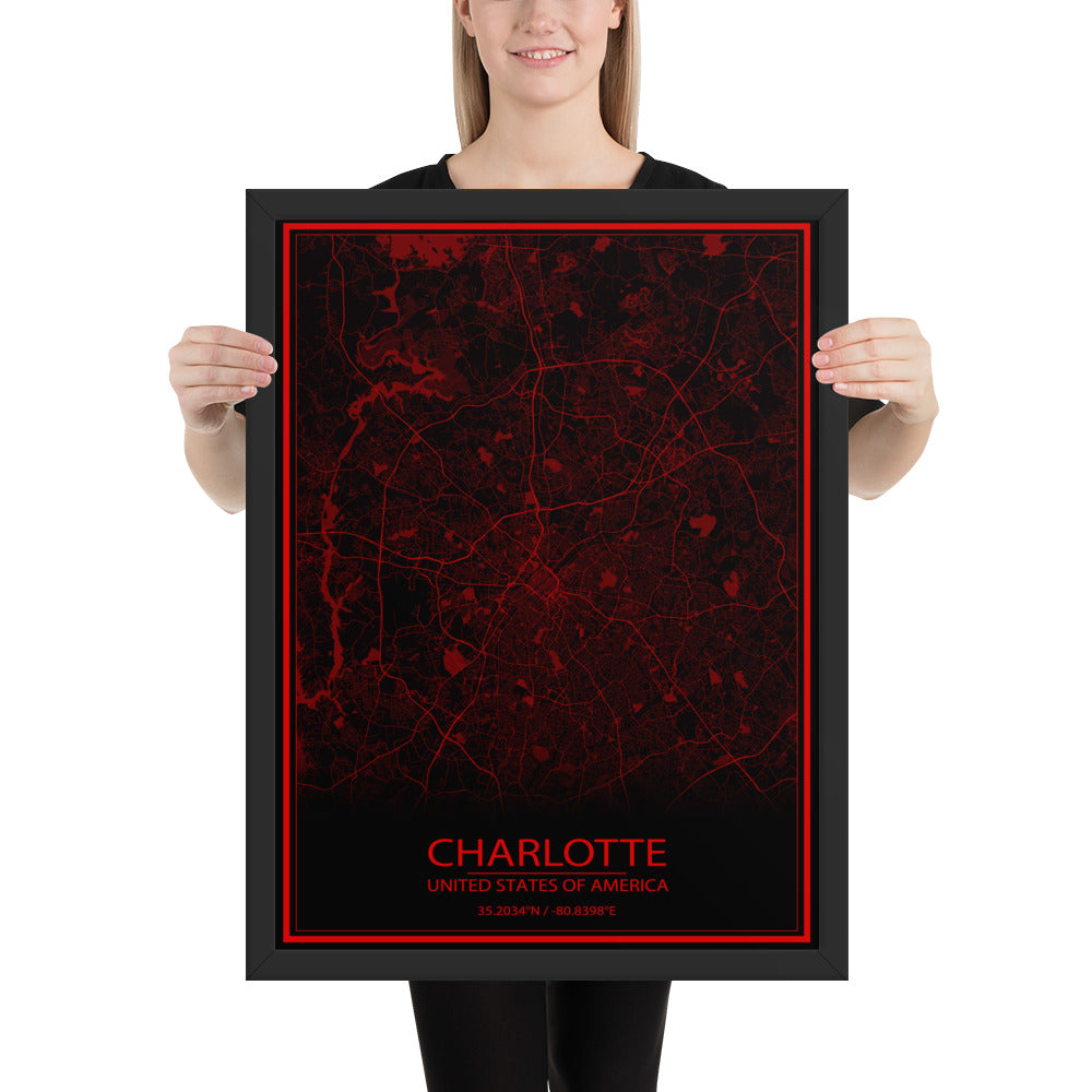 Charlotte Black and Red Framed Map