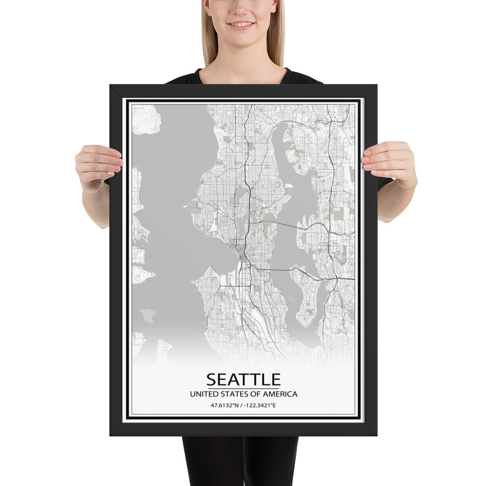 Seattle White Framed Map
