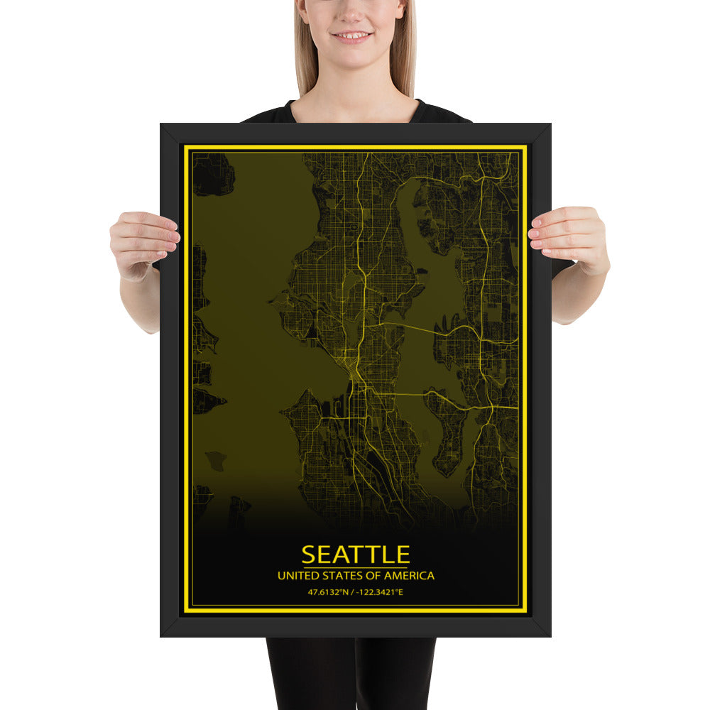 Seattle Black and Yellow Framed Map
