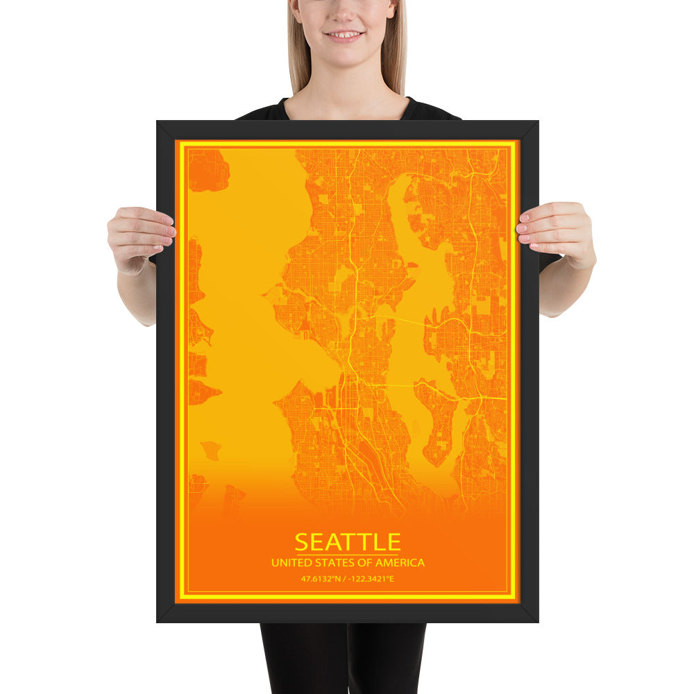 Seattle Orange and Yellow Framed Map