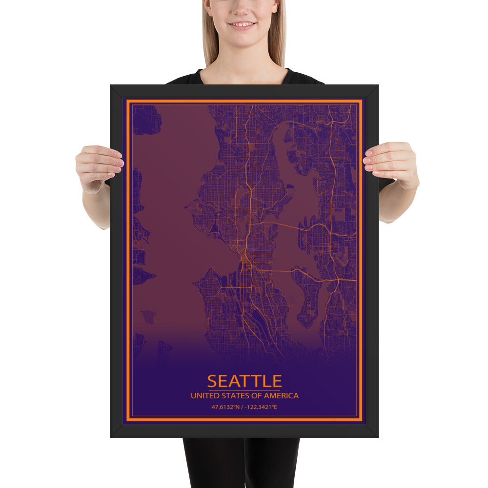 Seattle Purple and Orange Framed Map