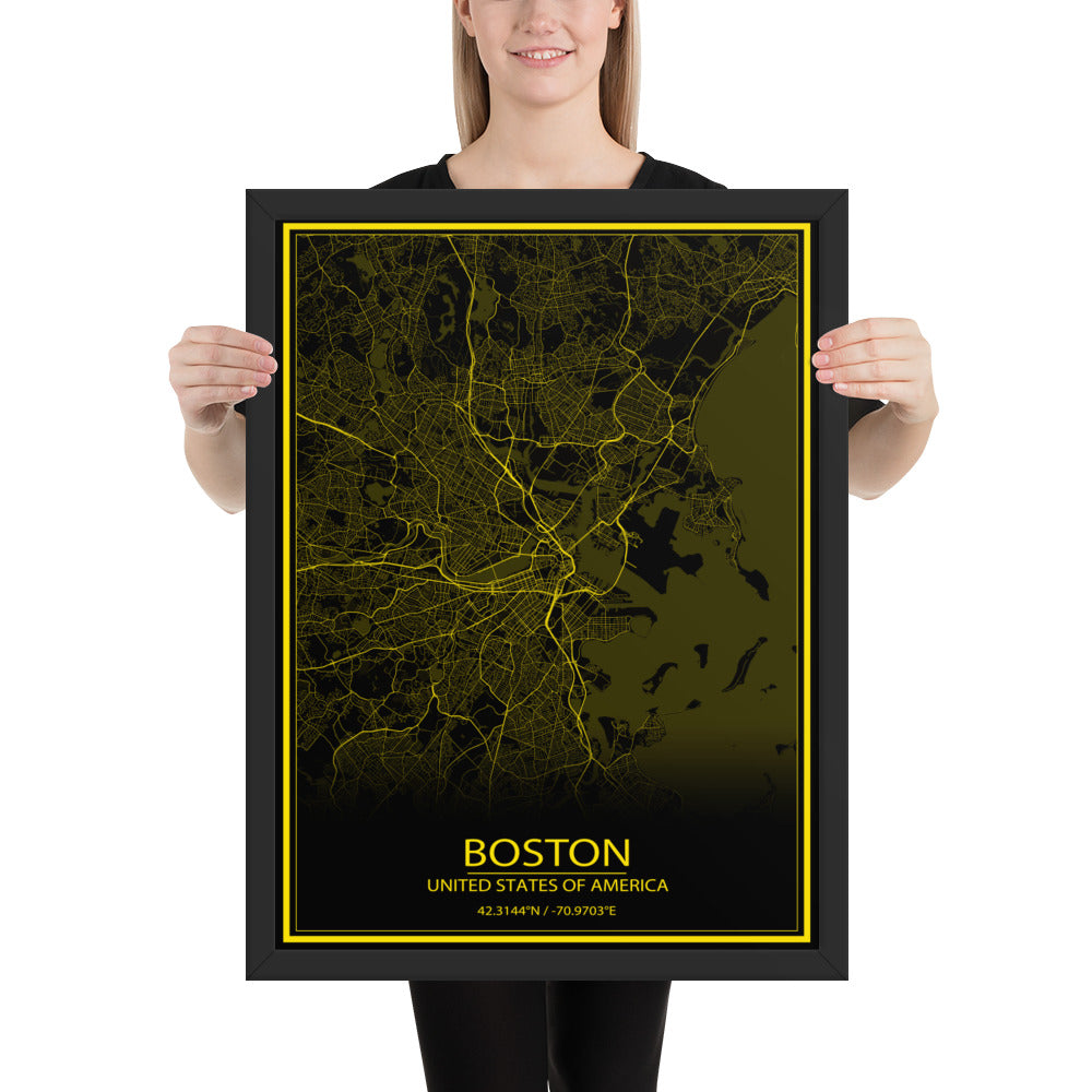 Boston Black and Yellow Framed Map