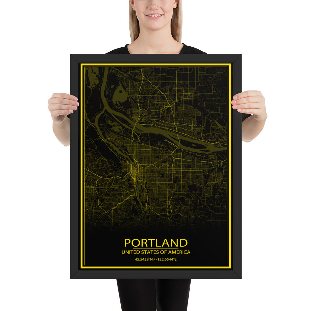 Portland Black and Yellow Framed Map