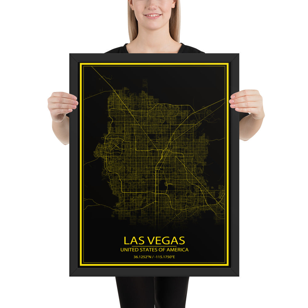 Las Vegas Black and Yellow Framed Map