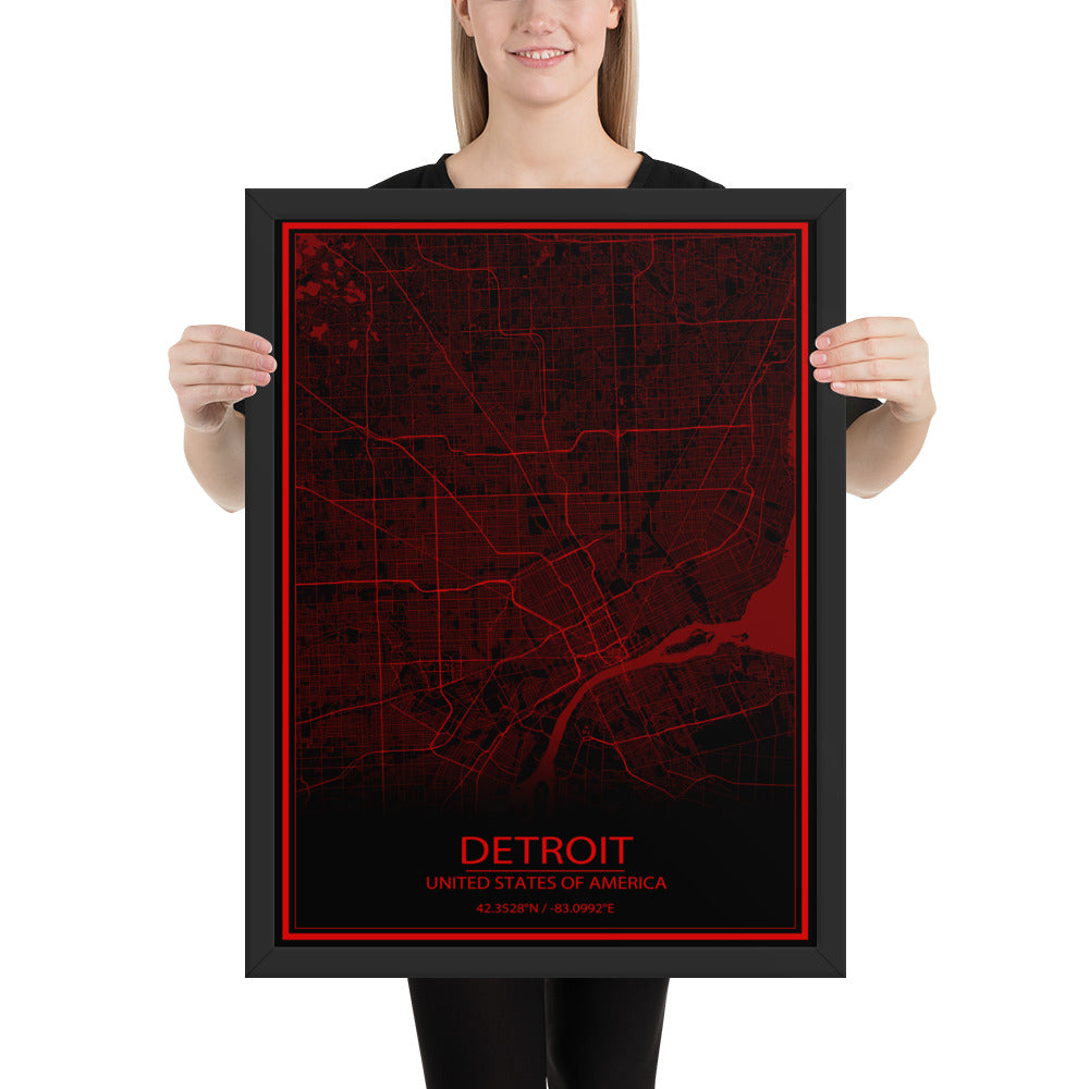 Detroit Black and Red Framed Map