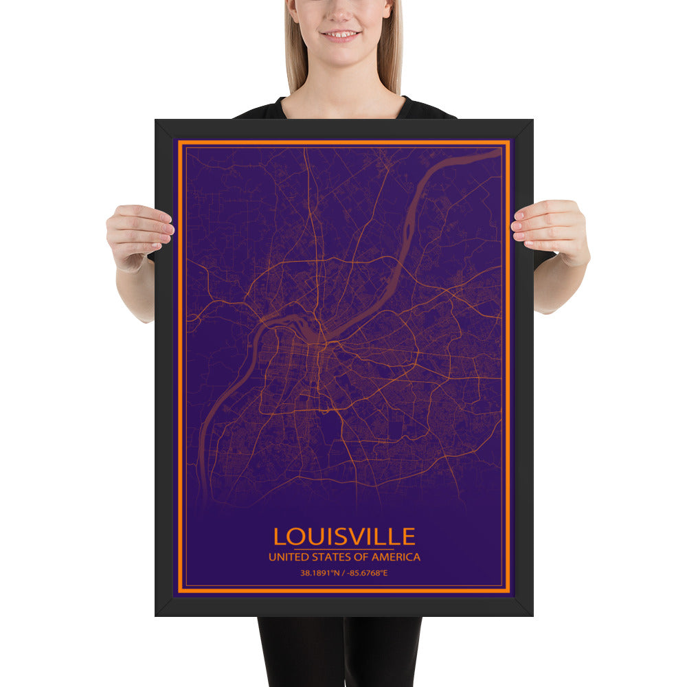 Louisville Purple and Orange Framed Map