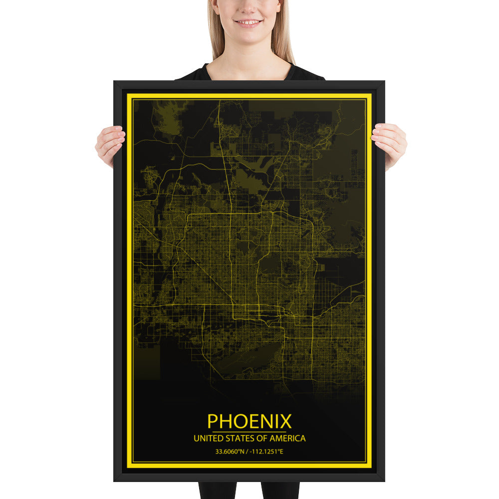 Phoenix Black and Yellow Framed Map