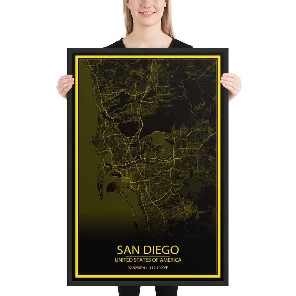 San Diego Black and Yellow Framed Map