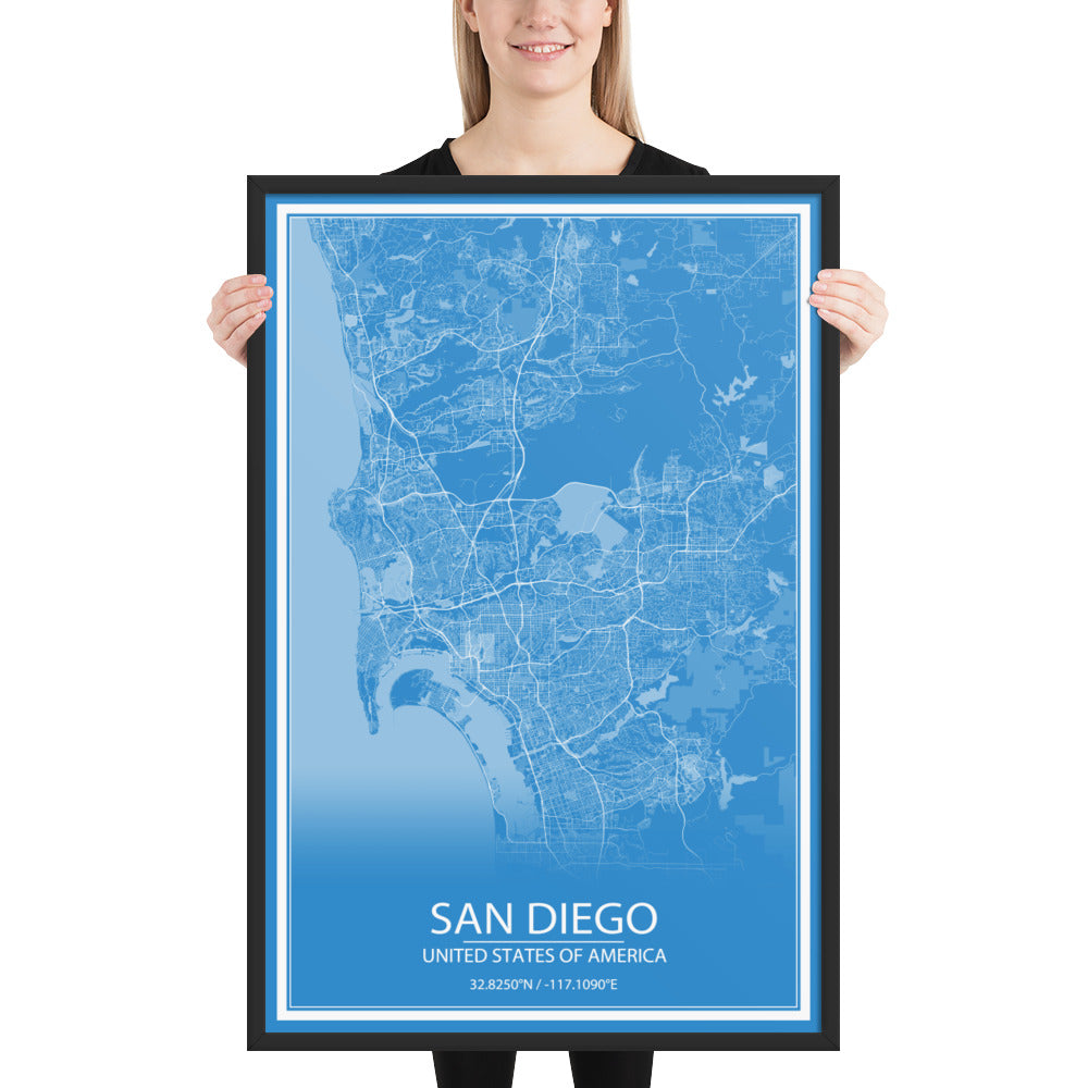 San Diego Blue and White Framed Map