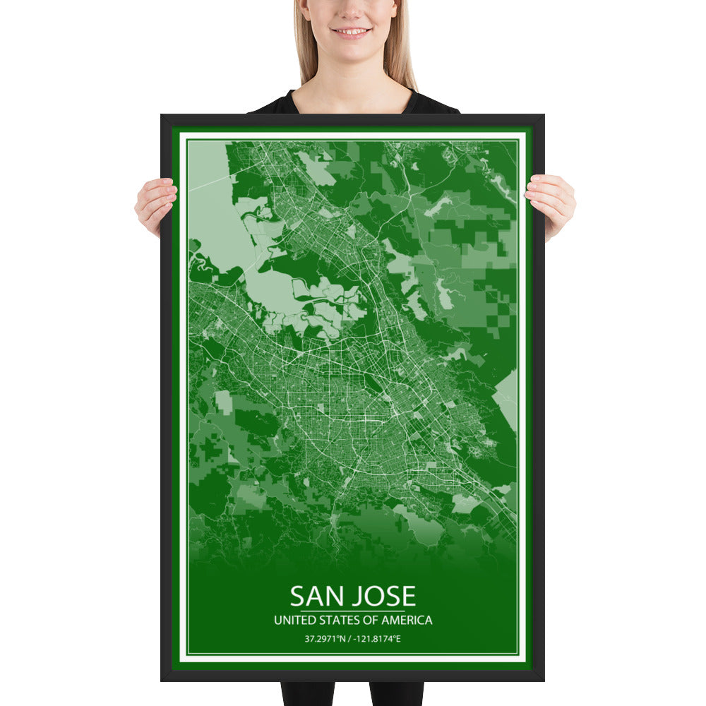 San Jose Green and White Framed Map