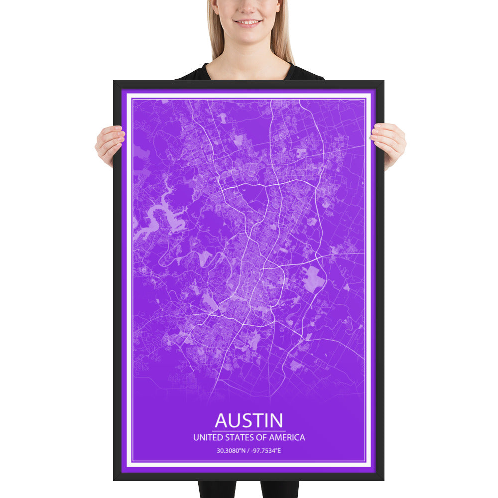 Austin Purple and White Framed Map