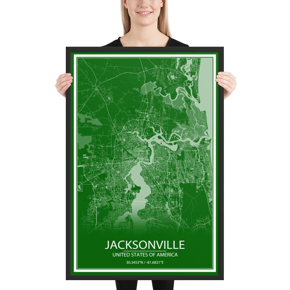 Jacksonville Green and White Framed Map
