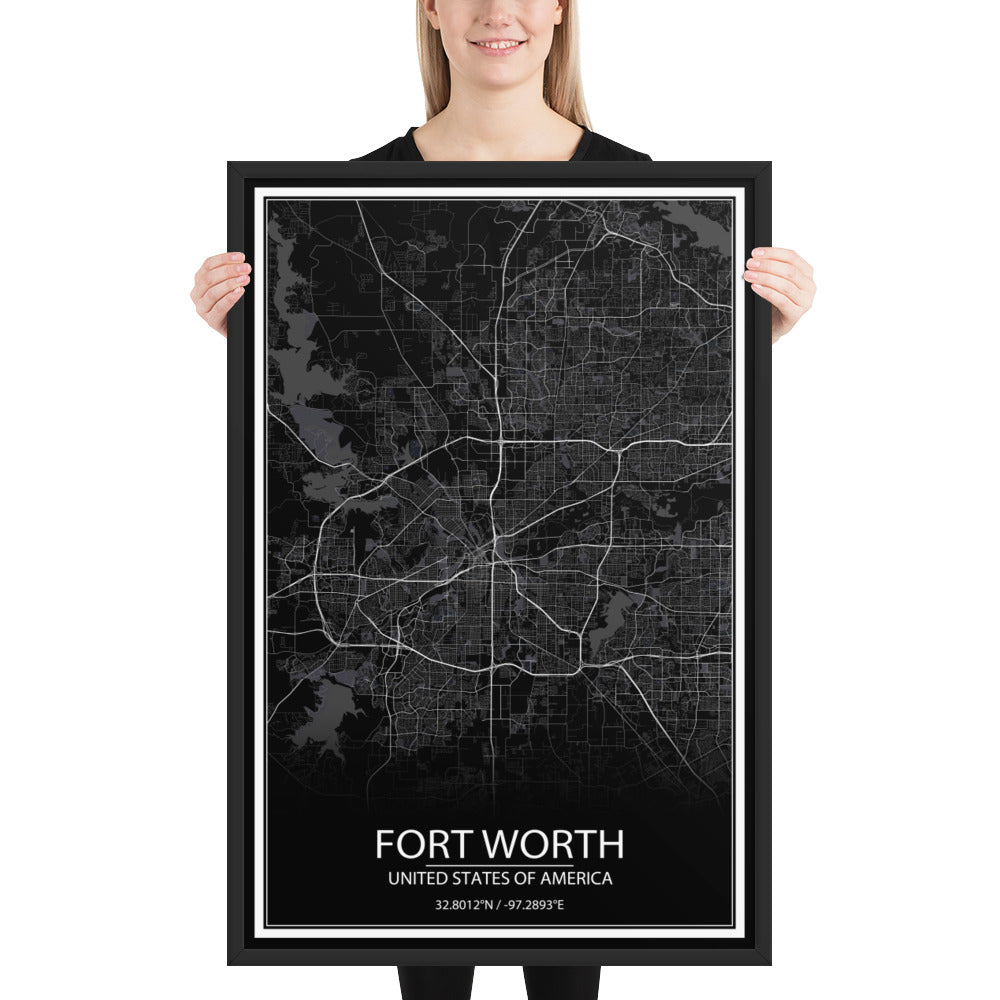 Fort Worth Black Framed Map