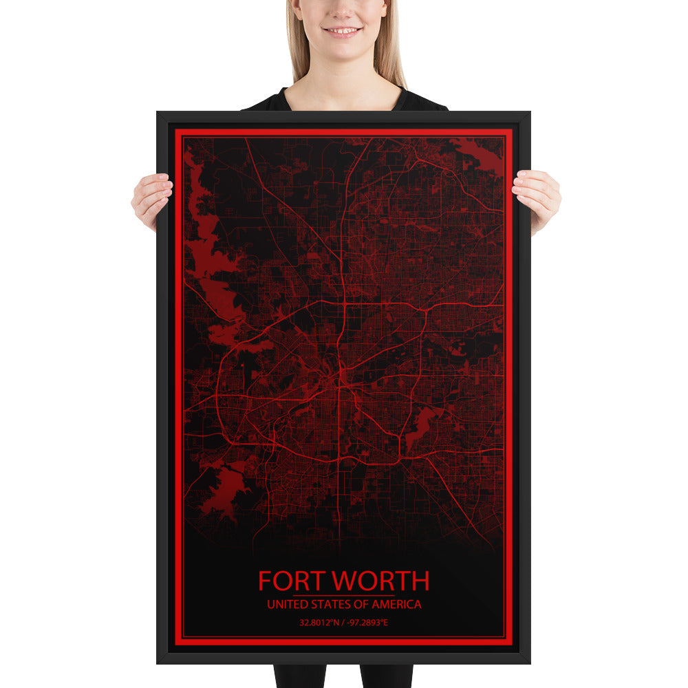 Fort Worth Black and Red Framed Map