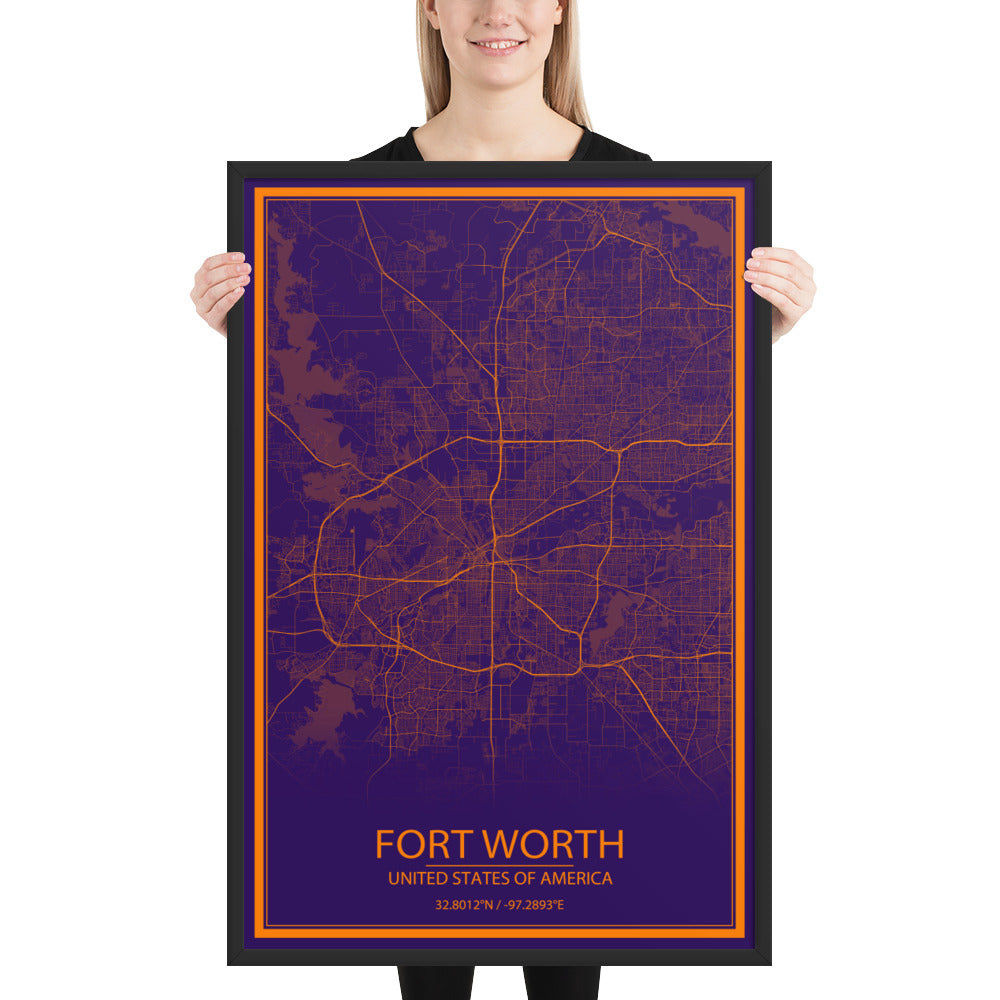 Fort Worth Purple and Orange Framed Map