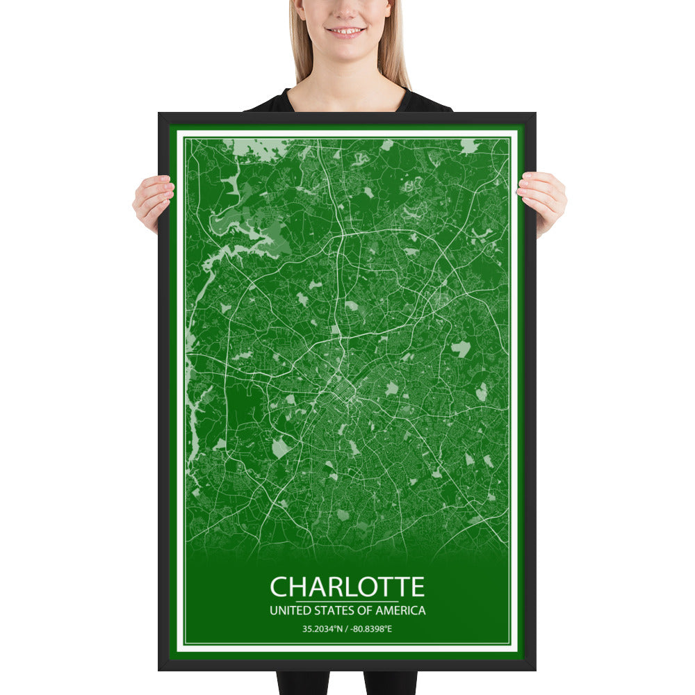 Charlotte Green and White Framed Map