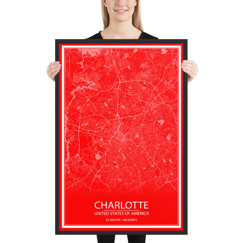 Charlotte Red and White Framed Map