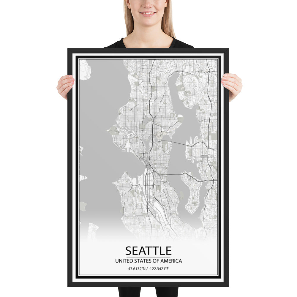 Seattle White Framed Map