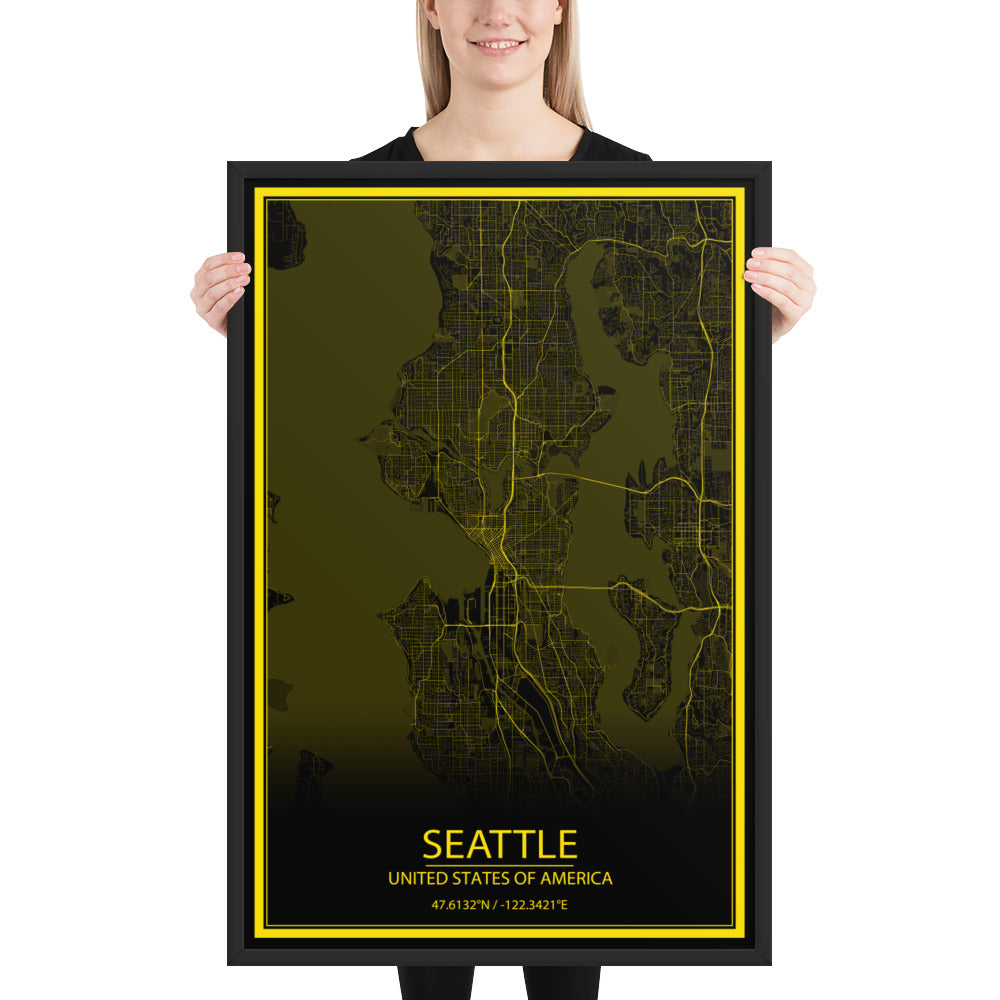Seattle Black and Yellow Framed Map