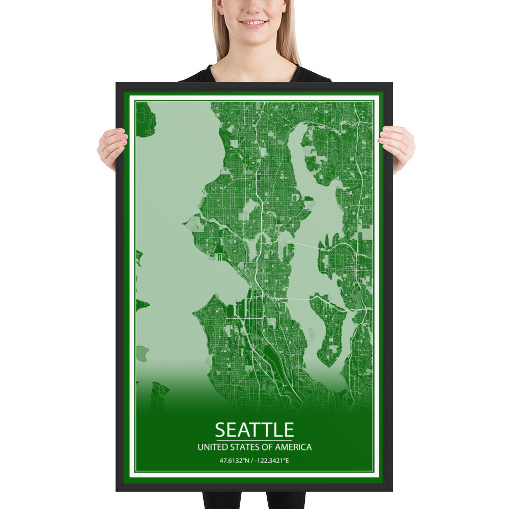 Seattle Green and White Framed Map