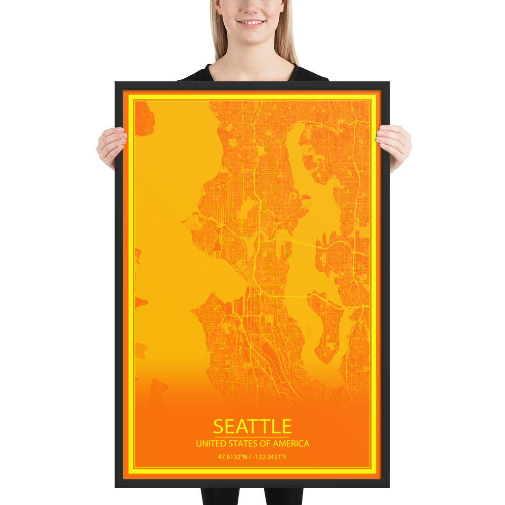 Seattle Orange and Yellow Framed Map