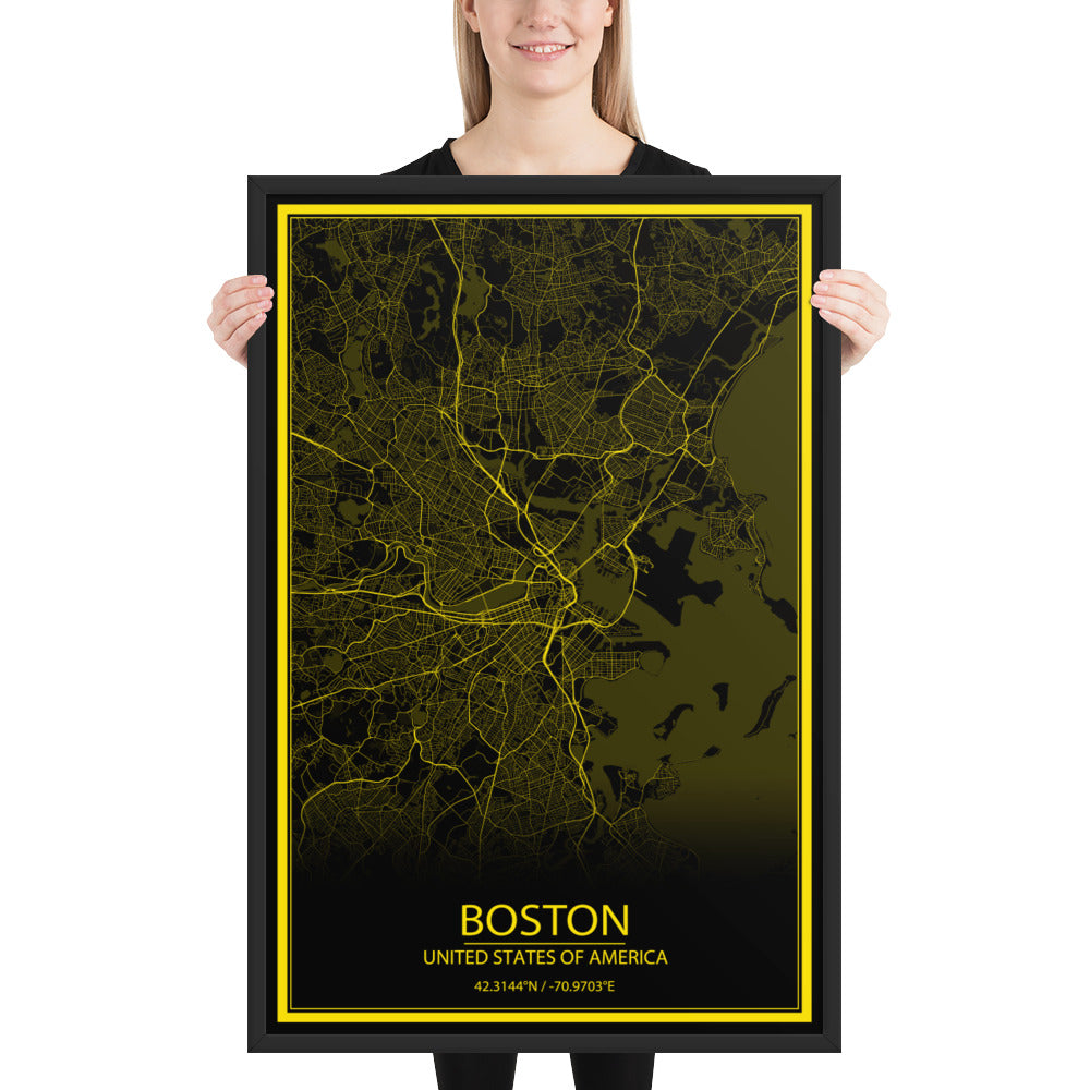 Boston Black and Yellow Framed Map