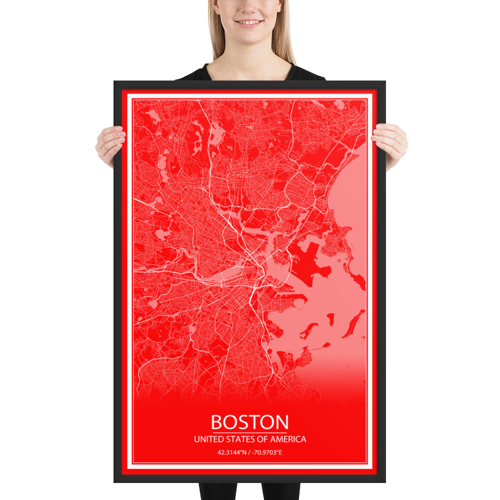 Boston Red and White Framed Map