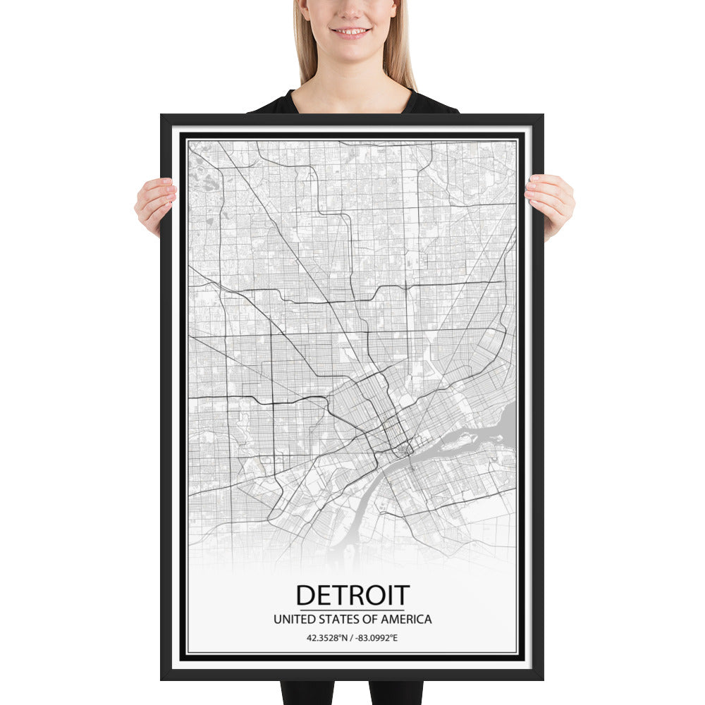 Detroit White Framed Map