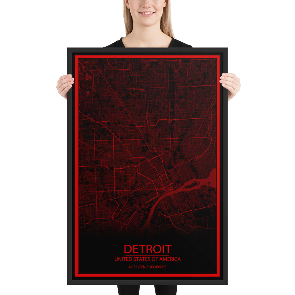 Detroit Black and Red Framed Map