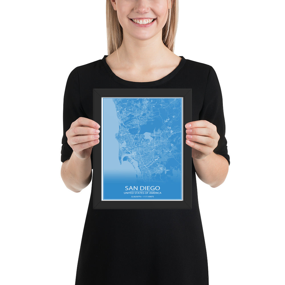 San Diego Blue and White Framed Map
