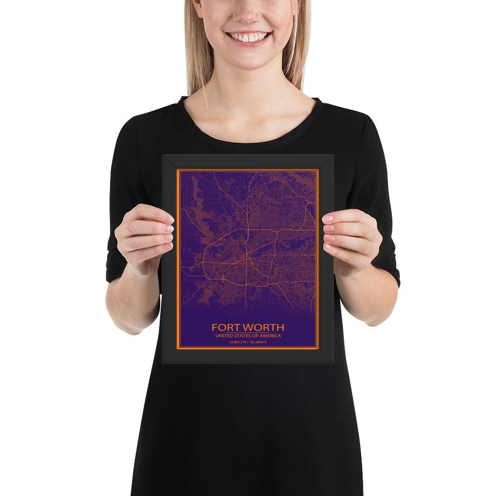 Fort Worth Purple and Orange Framed Map