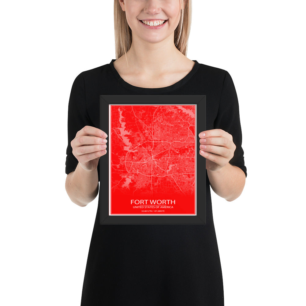 Fort Worth Red and White Framed Map