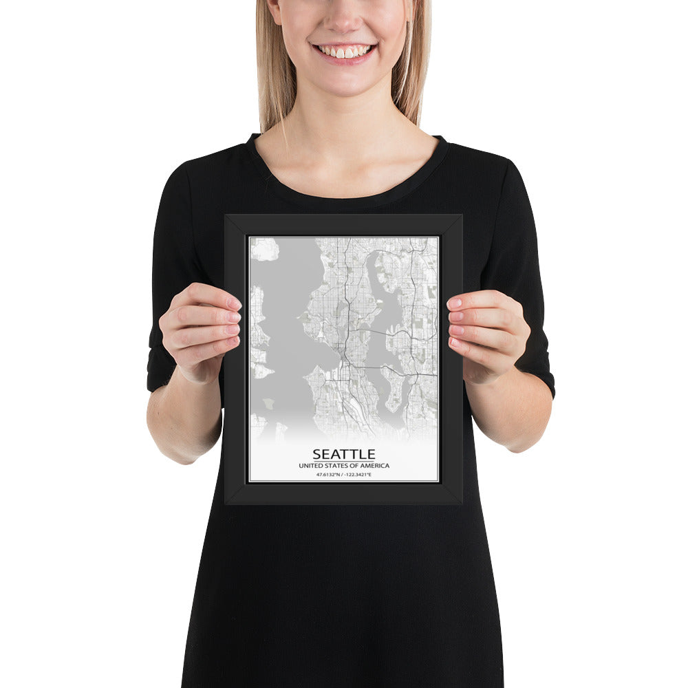 Seattle White Framed Map