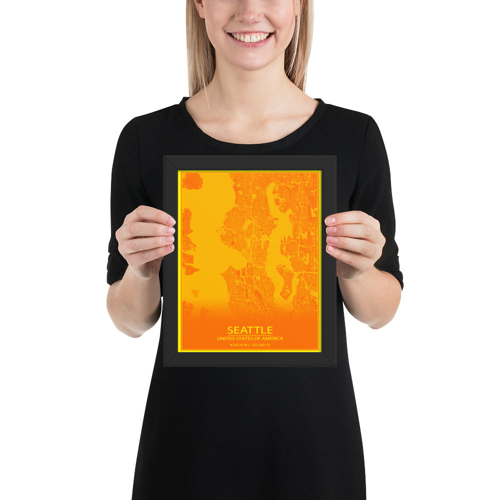 Seattle Orange and Yellow Framed Map