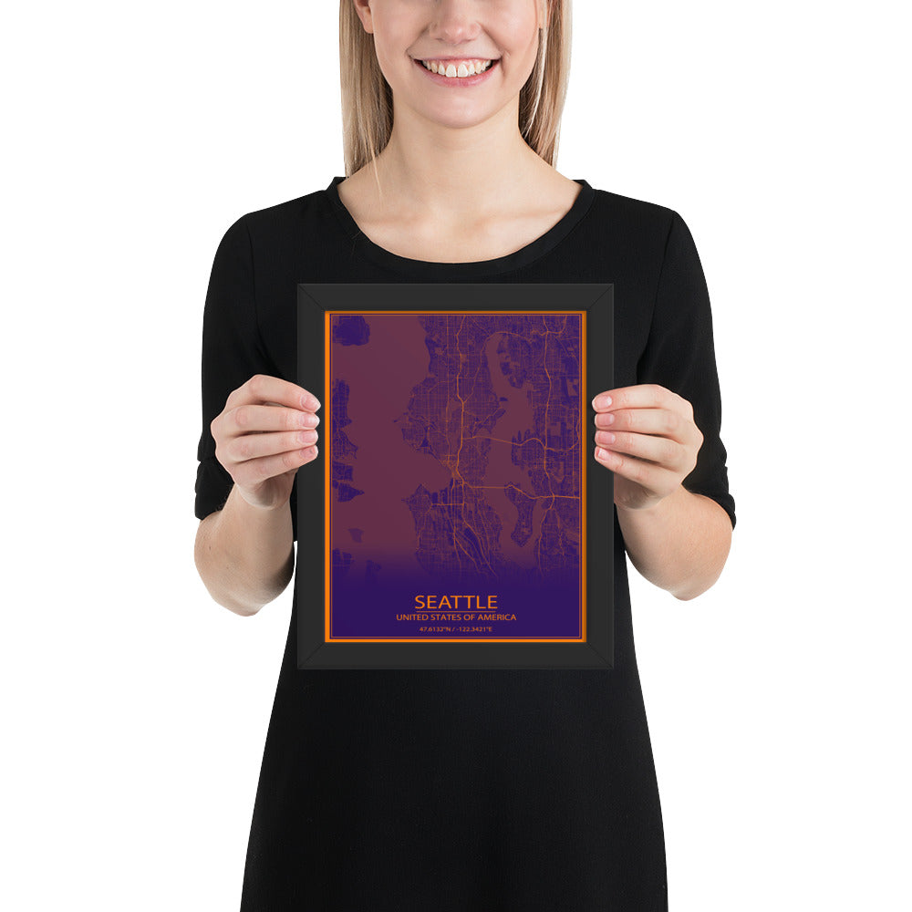 Seattle Purple and Orange Framed Map