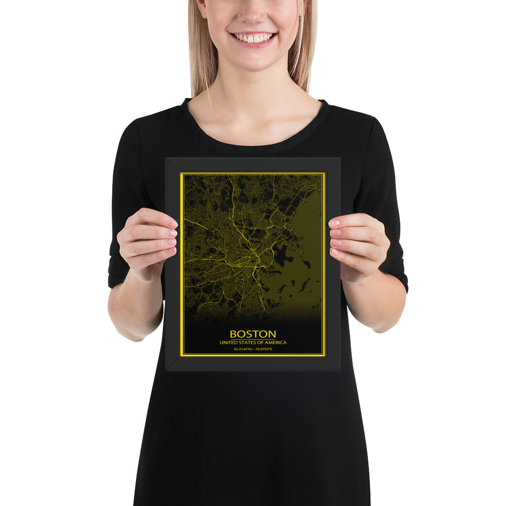 Boston Black and Yellow Framed Map