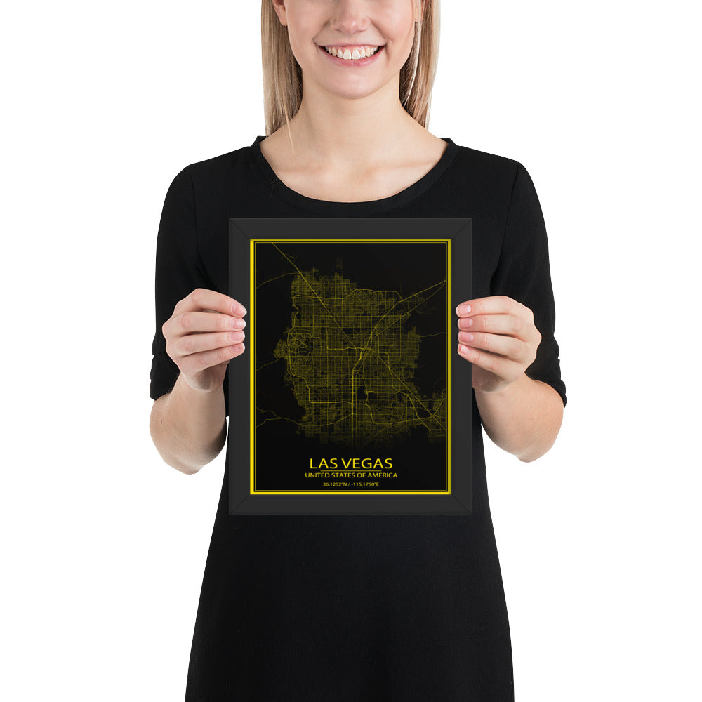 Las Vegas Black and Yellow Framed Map