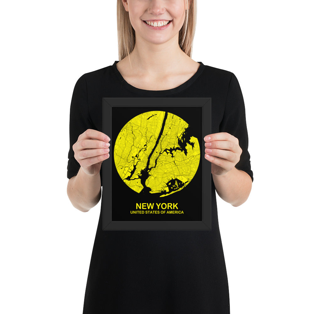 New York Circular Yellow Framed Map