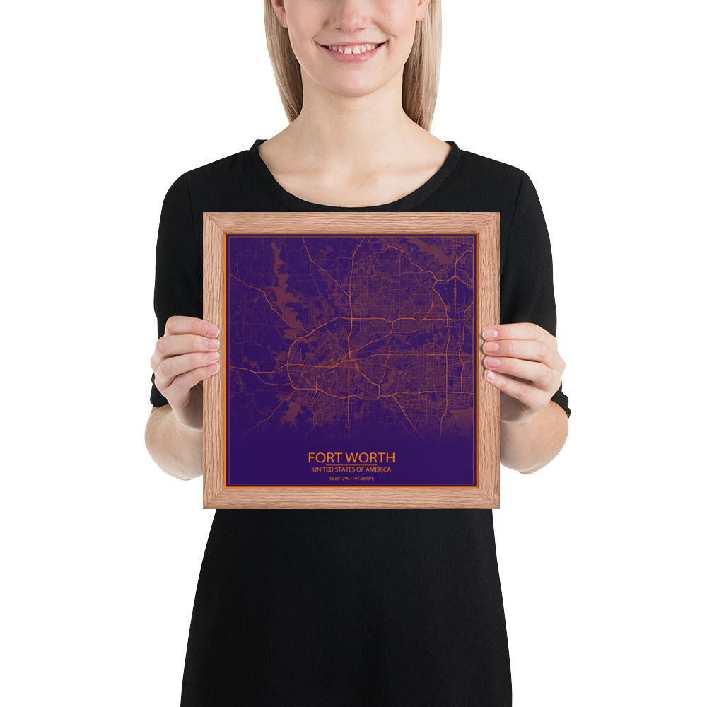 Fort Worth Purple and Orange Framed Map