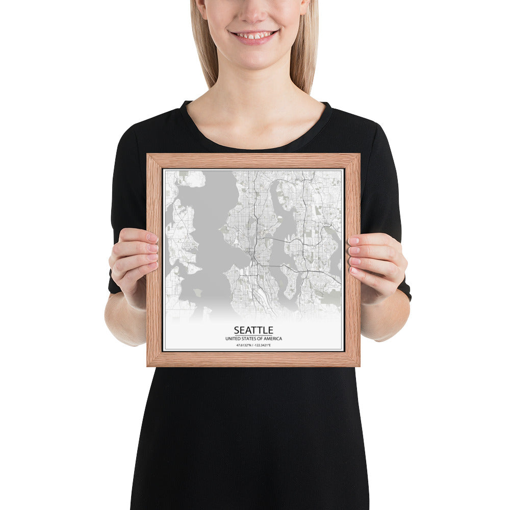 Seattle White Framed Map