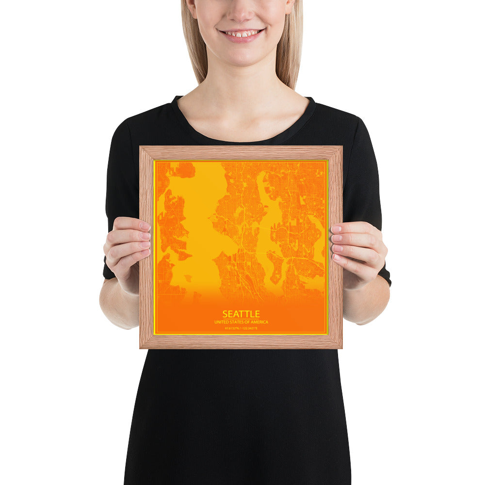 Seattle Orange and Yellow Framed Map