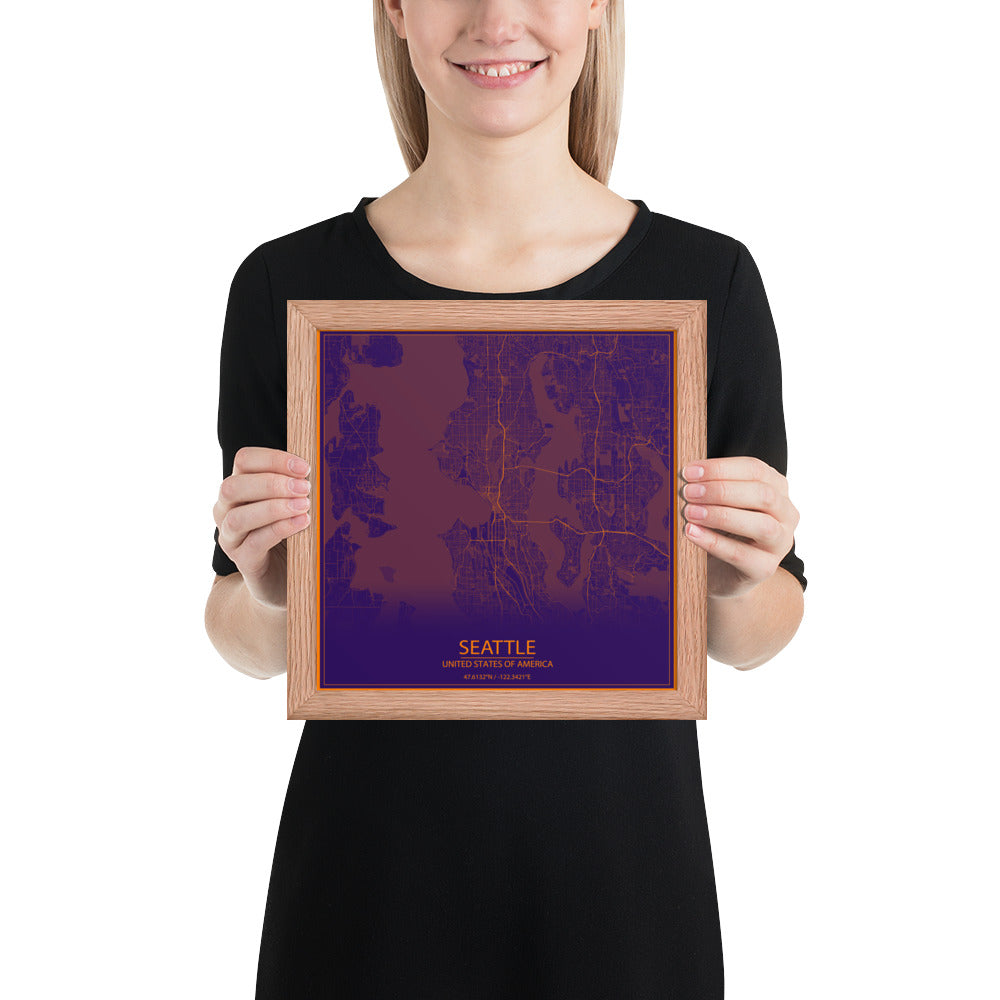 Seattle Purple and Orange Framed Map